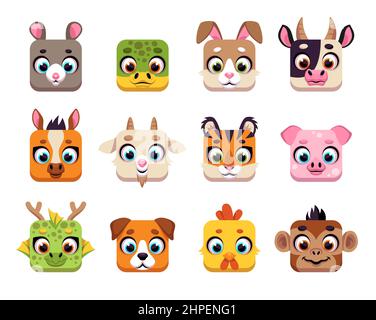 Quadratische niedliche chinesische Tiere. Niedliche Horoskopmuzzles, Cartoon-UI-Icons, Wildlife- und Hausfiguren-Avatare, App-Zeichen, lustige Tiergesichter, Kawaii Stock Vektor