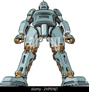 Ein riesiger Roboter steht in einer majestätischen Pose. Ansicht von unten nach oben. Künstliche Intelligenz Stock Vektor