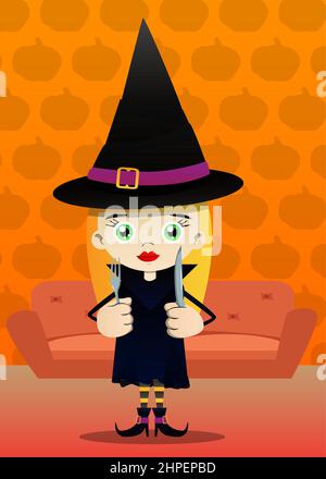 Kind, das zu Halloween gekleidet ist und ein Messer und eine Gabel hochhält. Vektor Cartoon Figur Illustration von Kindern bereit zu Trick or Treat. Stock Vektor