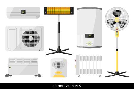 Temperaturregler für Haushaltsgeräte, flaches Set. Heizung Kühlung Reinigung Kessel elektrische Infrarot-Heizlüfter intelligente große Haus Gadget Helfer die Überwachung Luftraum auf weiß isoliert Stock Vektor