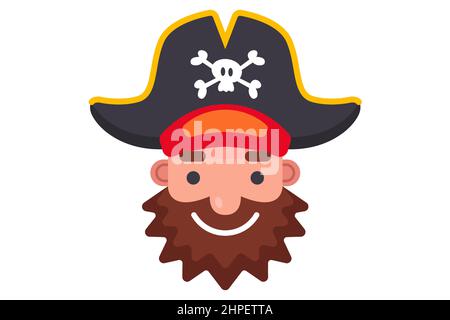 Bärtiges Gesicht eines Piraten in einem Hut mit einem Schädelemblem. Flache Vektorgrafik. Stock Vektor