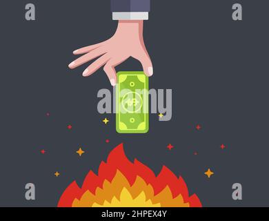 Hand hält Dollar-Rechnung über Lagerfeuer. Brennendes Geld. Flache Vektor-Illustration Stock Vektor