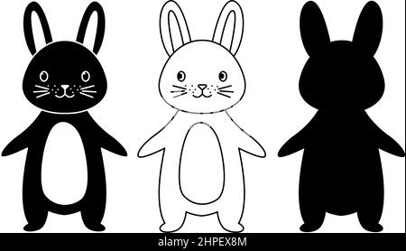 Kaninchen schwarz Silhouette Glyphe Linie Umriss gesetzt. Ostern Cartoon Hasen mit einer niedlichen Schnauze und Bauch isoliert auf weißem Hintergrund. Geeignet für Website-Design, Postkarten, Aufkleber. Vektorgrafik Stock Vektor