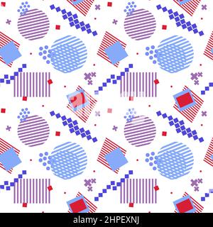 Nahtloser Hintergrund aus Kreisen, Streifen und Quadraten. Abstrakte Figuren und verschiedene Farben. Disco. Nostalgie. Moderne Palette für Textilien und Packagin Stock Vektor