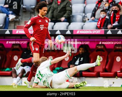 München, Deutschland. 20th. Februar 2022. Leroy Sane (Top) von Bayern München steht mit dem Fürther Sebastian Griesbeck während ihres Bundesliga-Spiels in München am 20. Februar 2022 auf dem Spiel. Quelle: Philippe Ruiz/Xinhua/Alamy Live News Stockfoto