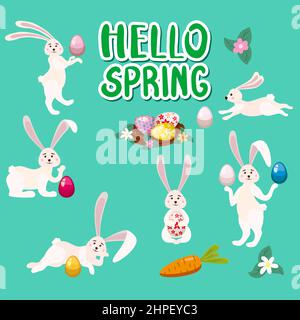 Set von niedlichen Hasen Ostern Jagd Eier. Cartoon lustige Osterhase, Nest, Illustration Stock Vektor
