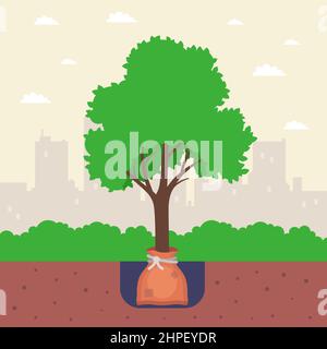 Pflanze einen kleinen Baum in ein Loch im Park. Flache Vektorgrafik. Stock Vektor