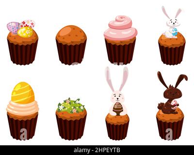 Set mit Osterbonbons Eier, Cupcake, Vogel, Hase, Bonbons, Kuchen. Sammlung von süßen Lebensmitteln, Schokolade Kaninchen Stock Vektor
