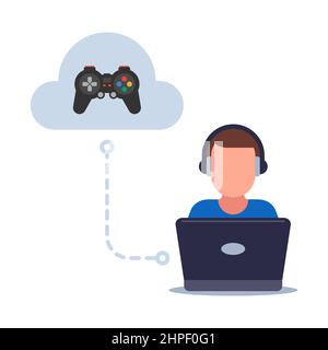 Cloud-Gaming auf einem schwachen Computer. Speichern von Spielen in der Wolke. Flache Vektordarstellung. Stock Vektor
