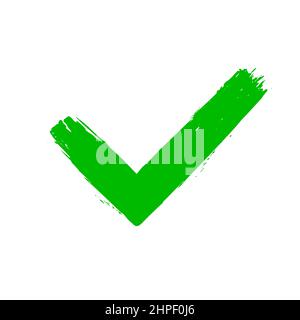 Tick V schmutzige Grunge Hand gezeichnet mit Pinselstriche Vektorgrafik isoliert auf weißem Hintergrund. Stock Vektor