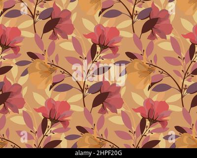 Vektor-Nahtloses Blumenmuster. Rote, kastanienbraune, gelbe Blüten und Zweige mit Blättern. Stock Vektor