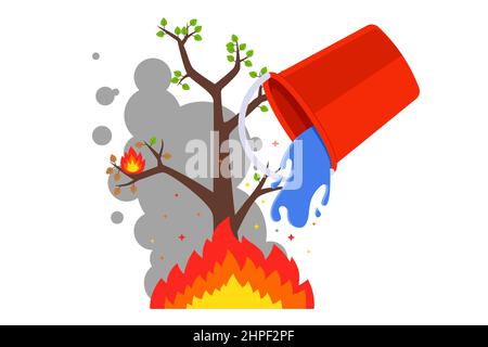 Löschen Sie das Feuer mit einem Eimer Wasser. Waldbrände im Sommer. Flache Vektorgrafik. Stock Vektor