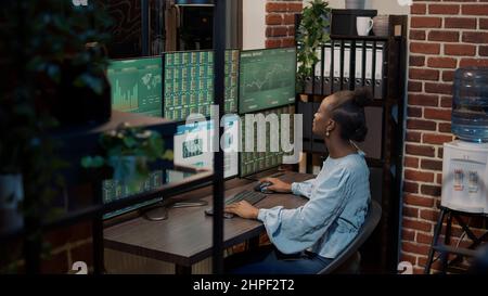 Afroamerikanische Frau, die Aktien- und Absatzbörsen mit Statistikdiagrammen und Diagrammen auf mehreren Monitoren analysiert. Börsenmakler nutzen die Preise des Finanzbankings, um Gewinne zu teilen. Stockfoto