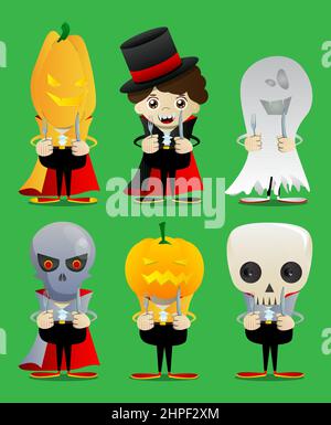 Kind, das zu Halloween gekleidet ist und ein Messer und eine Gabel hochhält. Vektor Cartoon Figur Illustration von Kindern bereit zu Trick or Treat. Stock Vektor