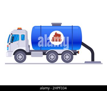 Blauer LKW-Flusher, der Fäkalien in den Abwasserkanal pumpt. Flache Vektorgrafik. Stock Vektor