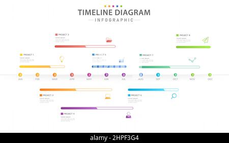 Infografik-Vorlage für Unternehmen. 12 Monate moderner Timeline-Diagramm-Kalender mit Fortschrittsbalken, Präsentationsvektor-Infografik. Stock Vektor