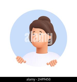 Junge lächelnde Frau Jane guckt heraus und schaut von hinten aus rundes Loch. Suchkonzept. 3D Vektor Menschen Charakter Illustration.Cartoon minimal st Stock Vektor