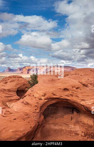 Die Square House Ruine ist eine kleine 1000 Jahre alte Ancestral Puebloan Klippe, die in einer Nische im Mystery Valley im Monument Valley Navajo Tribal P wohnt Stockfoto