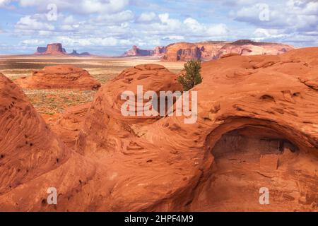 Die Square House Ruine ist eine kleine 1000 Jahre alte Ancestral Puebloan Klippe, die in einer Nische im Mystery Valley im Monument Valley Navajo Tribal P wohnt Stockfoto