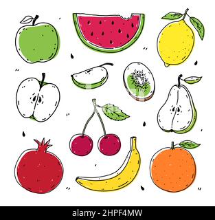 Eine Reihe von Früchten und Beeren - Apfel, Wassermelone, Zitrone, Kiwi, Kirsche, Birne, Granatapfel, Banane und Orange. Gesunde Bio-Lebensmittel. Vektor-handgezeichnete Illustration im Doodle-Stil. Stock Vektor