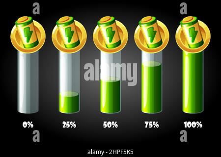 Batterie-Energie-Skala bar, Gold-Symbole für das Spiel. Vektordarstellung Satz von Ladelinien für GUI. Stock Vektor