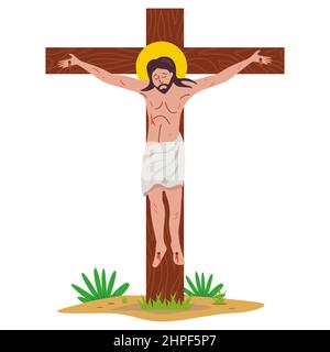 Gekreuzigt jesus christus auf einem Holzkreuz. Flache Vektorgrafik. Stock Vektor