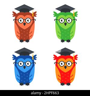 Set von mehrfarbigen smart Eulen mit Brille. Flache Vektor-Illustration isoliert auf weißem Hintergrund. Stock Vektor
