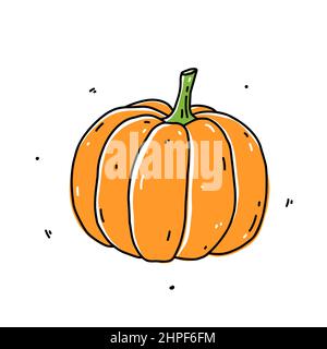 Orange Kürbis isoliert auf weißem Hintergrund. Gesunde Bio-Lebensmittel. Vektor-handgezeichnete Illustration im Doodle-Stil. Perfekt für Karten, Logo, Dekorationen, Rezepte, verschiedene Designs. Stock Vektor
