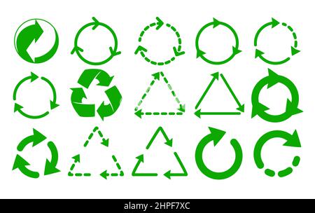 Satz von wiederverwertenden Symbolen. Sammlung von Green Recycle Eco-Symbol mit Pfeilen. Symbolpaket mit Recycling- und Rotationspfeilen. Abfallkreislauf. Isoliert auf Whi Stock Vektor