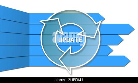 UPDATE Lettering with Update sign isolated on white background - Software Update Computer Program Service Support - 3D Illustration Stockfoto