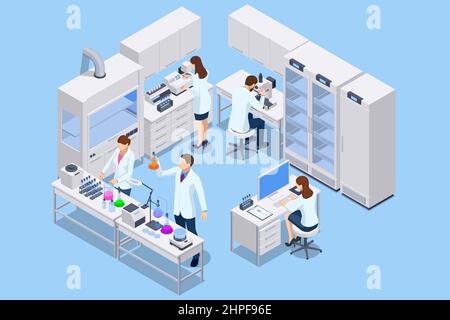 Isometrisches chemisches Laborkonzept. Laborassistenten arbeiten in wissenschaftlichen medizinisch-chemischen oder biologischen Laborexperimenten. Stock Vektor