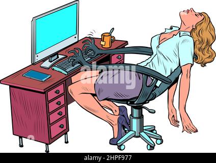Eine müde Geschäftsfrau spt Frau im Büro am Arbeitsplatz. Ein Roboterstuhl arbeitet für sie und tippt Text auf der Computertastatur ein Stock Vektor