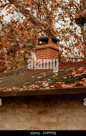 Getrocknete Blätter und Ziegelkamin auf dem Dach im Herbst. Nahaufnahme Stockfoto