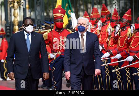 Dakar, Senegal. 21st. Februar 2022. Bundespräsident Frank-Walter Steinmeier (r) wird von dem senegalesischen Präsidenten Macky Sall im Präsidentenpalast mit militärischen Ehren begrüßt. Präsident Steinmeier ist zu einem dreitägigen Besuch in der Westafrikanischen Republik Senegal. Quelle: Bernd von Jutrczenka/dpa/Alamy Live News Stockfoto