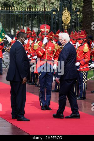 Dakar, Senegal. 21st. Februar 2022. Bundespräsident Frank-Walter Steinmeier (r) wird von dem senegalesischen Präsidenten Macky Sall im Präsidentenpalast mit militärischen Ehren begrüßt. Präsident Steinmeier ist zu einem dreitägigen Besuch in der Westafrikanischen Republik Senegal. Quelle: Bernd von Jutrczenka/dpa/Alamy Live News Stockfoto