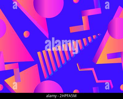 Nahtloses Muster mit 3D geometrischen Formen im Stil des 80s. Hintergrund mit farbenfrohen geometrischen Formen mit Farbverlauf. Design von Werbeprodukten, Stock Vektor