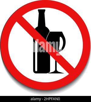 Kein Alkoholschild mit roter, runder gekreuzter Flasche und Weinglas auf weißem Hintergrund. Symbol für nicht erlaubten Alkohol. Vektor-Illustration in trendigen runden flach Stock Vektor
