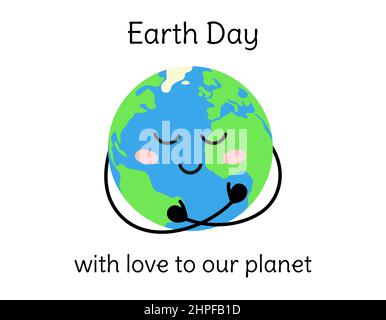 Poster zum Erdtag. Netter glücklicher Planet umarmt sich und lächelt. Weihnachtskarte, Banner. Flache Vektordarstellung mit isolierter Erde und Text. Stock Vektor
