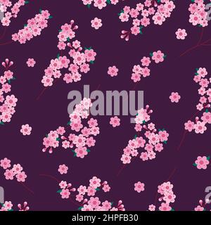 Florales, nahtloses Frühlingsmuster. Sakura-Blumen. Vektor endlose dunkle Hintergrund mit Blüte. Frühlingshaftes Dessin mit floralen Elementen. Stock Vektor