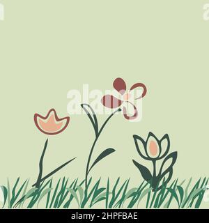 Einfache drei Tulpenblüten und grünes Gras isoliert auf weißem Hintergrund. Botanical Doodle, Zeichnung Blumenmuster Silhouette Vektor-Illustration Stock Vektor