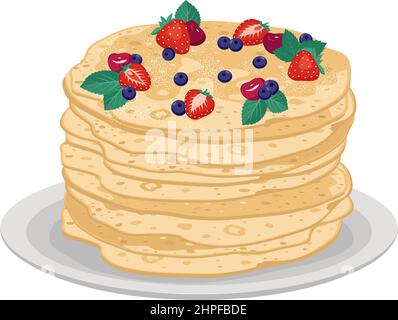 Dünne Pfannkuchen auf dem Teller mit süßen Beeren. Festliches Gericht für Maslenitsa, Karneval und Fasching. Köstliches Gebäck. Vektorgrafik für flache Lebensmittel Stock Vektor