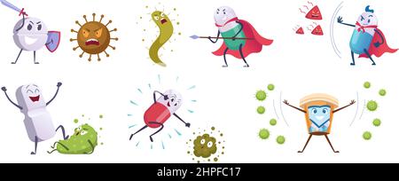 Antibiotische Kampfcharaktere. Virus lustige Symbole gesunden Schutz Konzept Illustration von antibiotisch beschädigten Bakterien Pflege Pillen genauen Vektor Stock Vektor