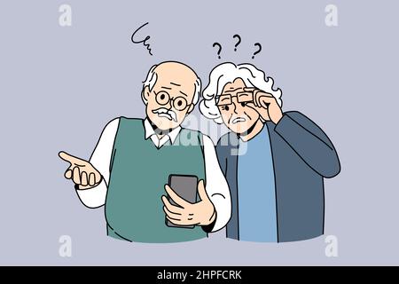 Konzept für ausgereifte Menschen und Technologien. Frustrierte ältere Paar Blick auf Smartphone mit Internet Probleme mit Gadget Vektor Illustration Stock Vektor