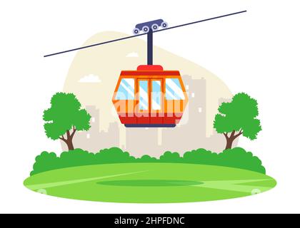 Klettern Sie mit der Seilbahn in die Berge. Orangefarbener Lift. Flache Vektorgrafik. Stock Vektor