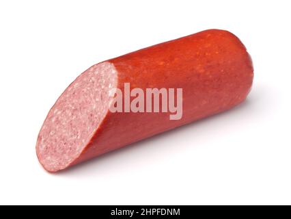 Stück geräucherte Wurst isoliert auf weiß Stockfoto