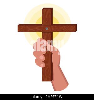 Der Gläubige hält ein hölzernes Kreuz in der Hand. Flache Vektorgrafik. Stock Vektor