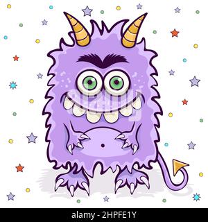 Niedliches Monster, lustige Zeichentrickfigur, bunte Handzeichnung. Fröhliche violette, flauschige Märchengestalt mit Hörnern, toothy Mund und Schwanz, isoliert Stock Vektor