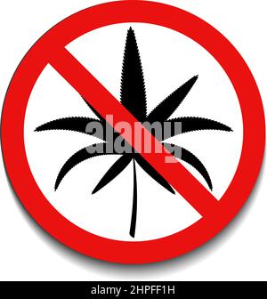 Kein Drogenschild mit rot gekreuztem Marihuana-Austritt auf weißem Hintergrund. Symbol für nicht erlaubten Alkohol. Vektor-Illustration im trendigen runden flachen Stil w Stock Vektor