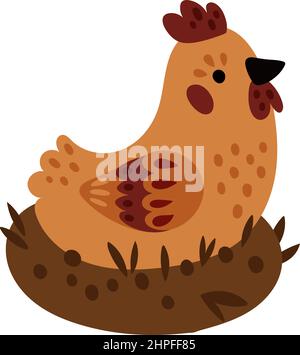 Symbol „Huhn auf Nest“. Niedlicher Vogel vom Bauernhof Stock Vektor