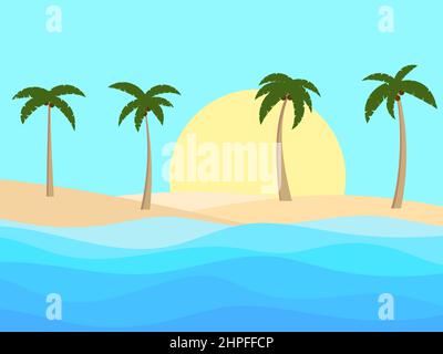Palmen am Strand. Tropische Landschaft mit Palmen an der Küste. Sommerzeit. Gestaltung von Werbeheften, Plakaten und Reisebüros Stock Vektor